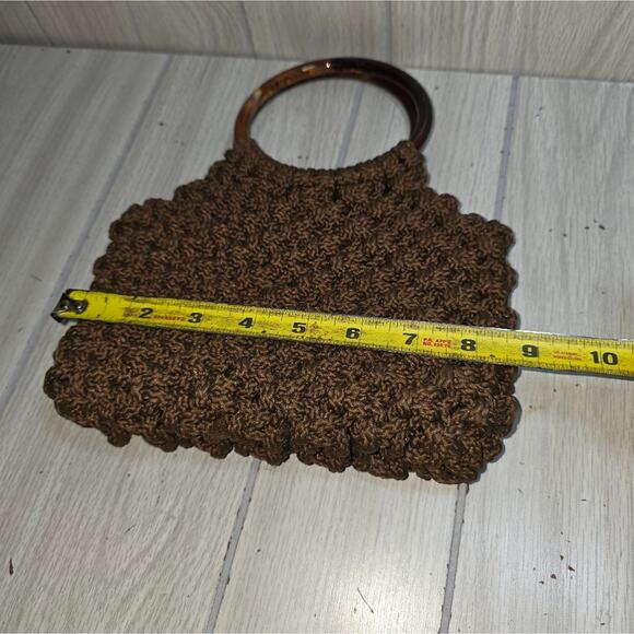 Vtg Handmade Brown Crochet Handbag Bakelite? Handle Knit/Woven Macrame Boho - Picture 7 of 8